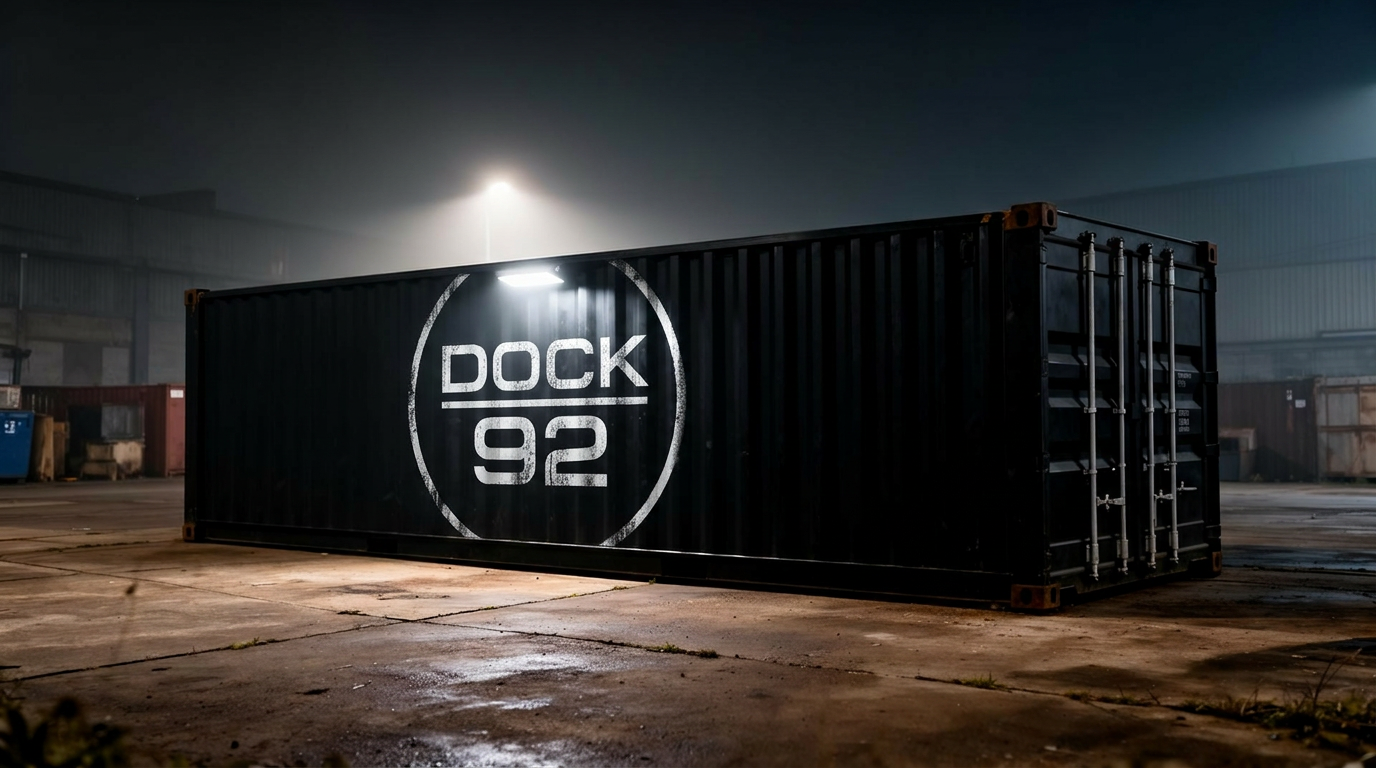 DOCK92 shipping container exterior at night